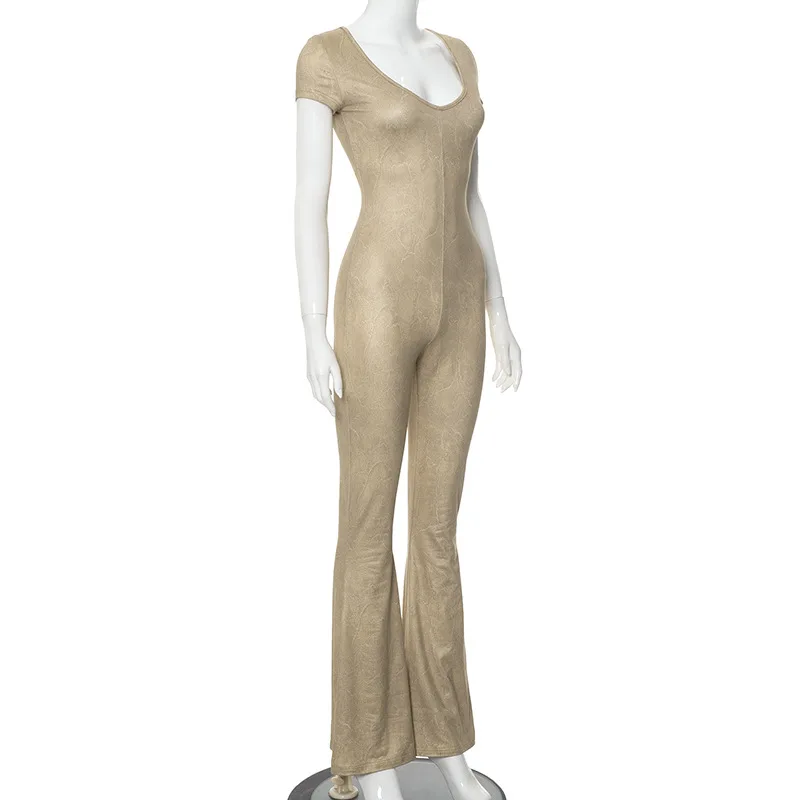 YY1763 New solid color U-neck short sleeve flared long pants bodycon jumpsuits for women