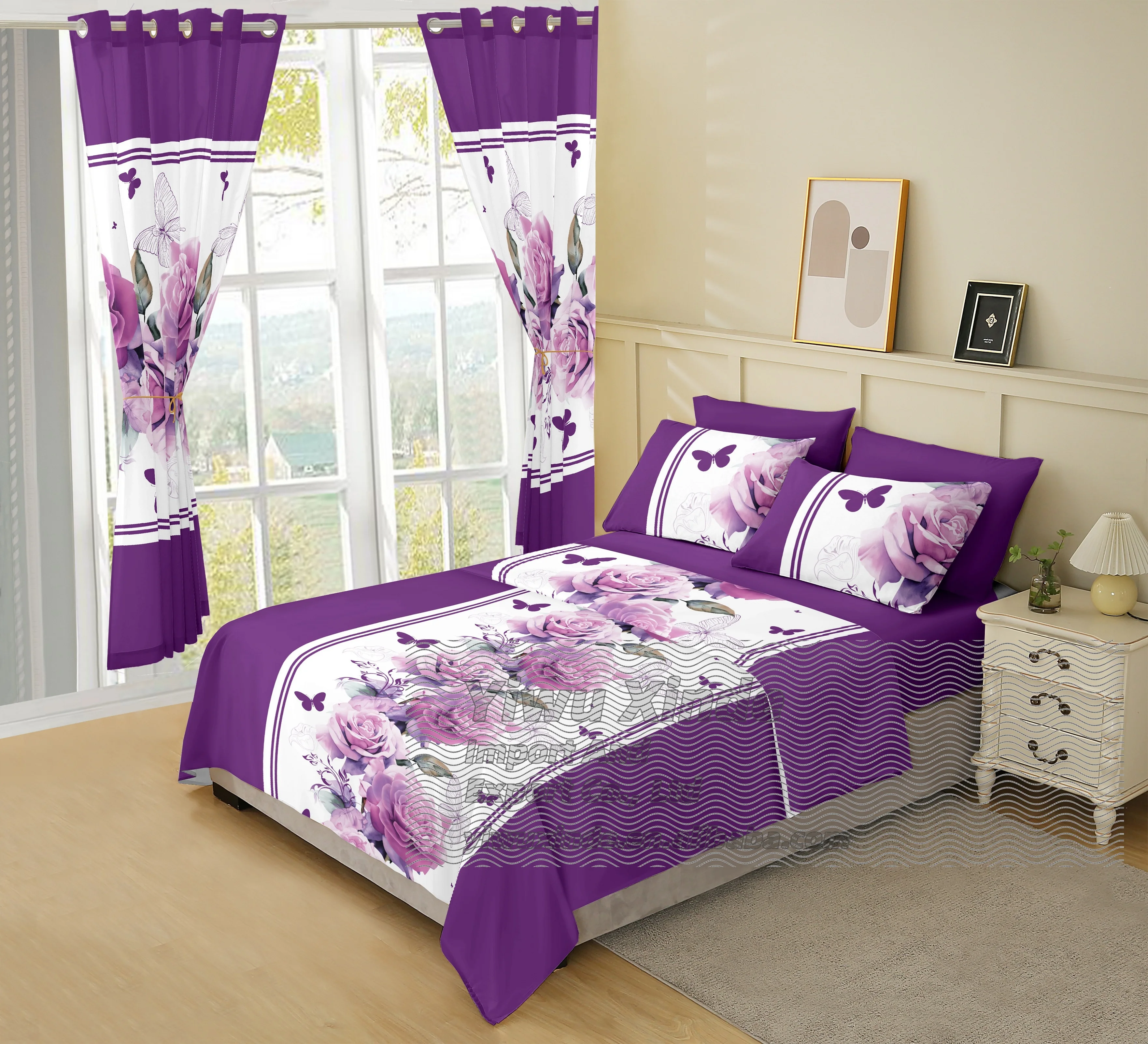 8pcs Flowers Plant Pattern Bedding Sheets for King Size Bed Sheet Set with Curtains