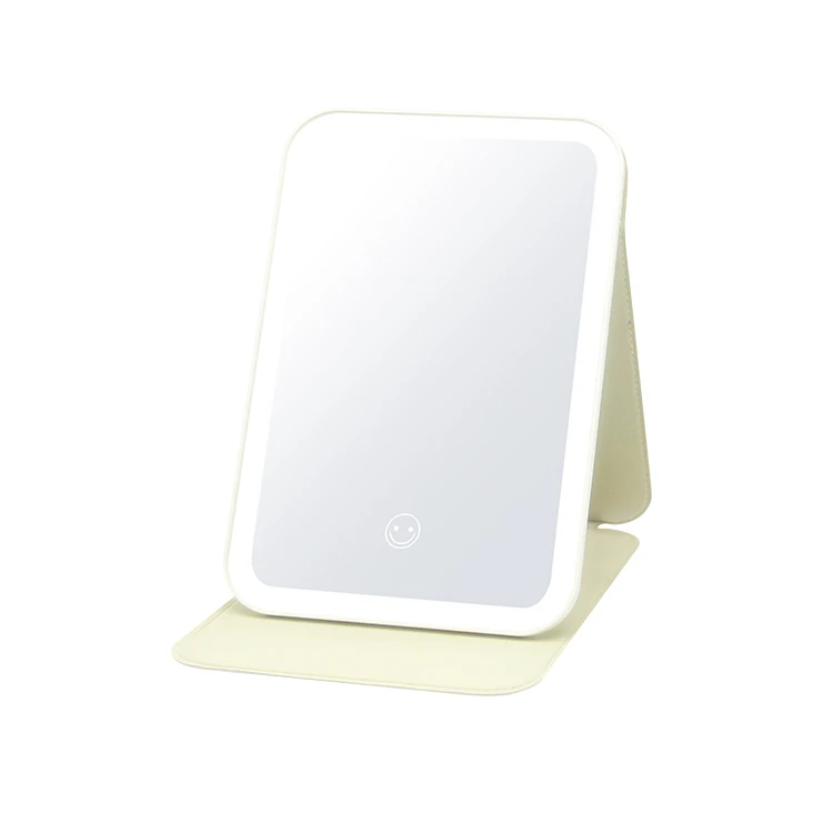 Unbreakable Stainless Steel Rectangular Tiny Pu Frame Handheld Pocket Makeup Mirror With Led Light