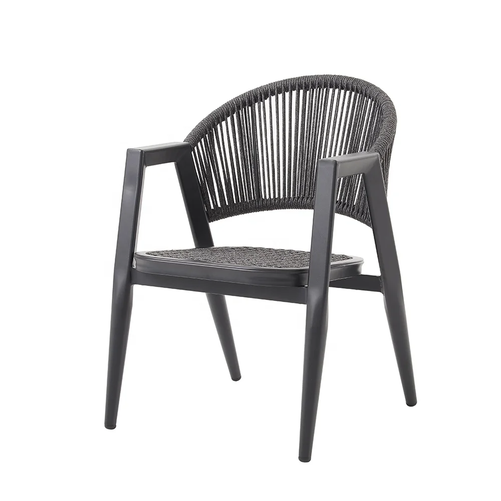 Modern Luxury Design Black Coffee Shop Sets High Quality Patio Aluminum Rope Chairs and Round HPL Table Restaurant Dining Set