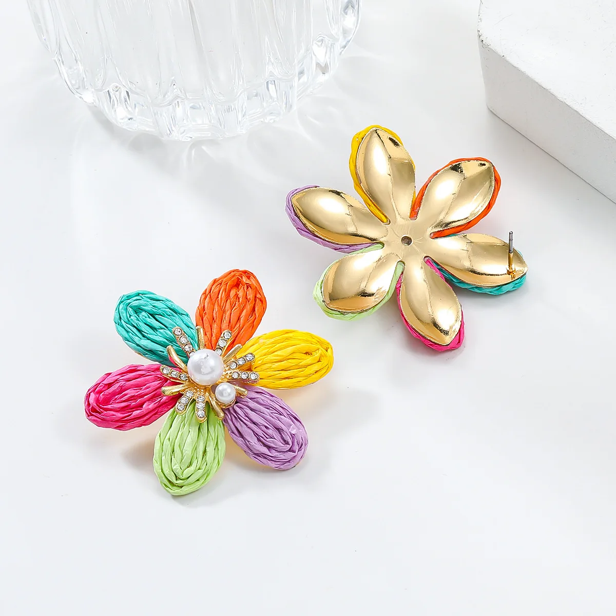 Trendy Diamond Pearl Raffia Grass Shaped Earrings Spring Colorful Cubic Zirconia Baroque Pearl Flower Stud Earrings For Party