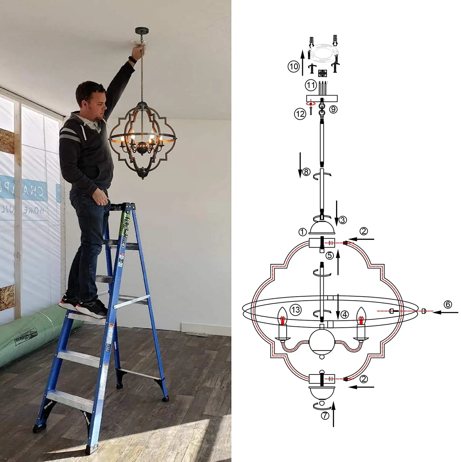 Chandelier, height-adjustable 6 lamps in antique old and bronze color, suitable for living room, bedroom, dining room