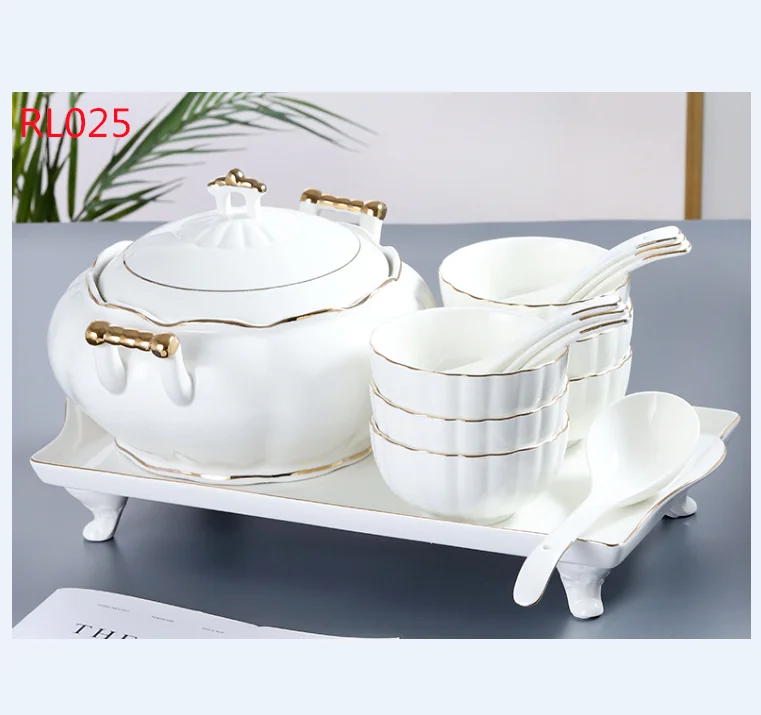 15pcs New European Style Soup Pot Ceramic Soup Tureen With Tray And Spoon Soup Bowl Set