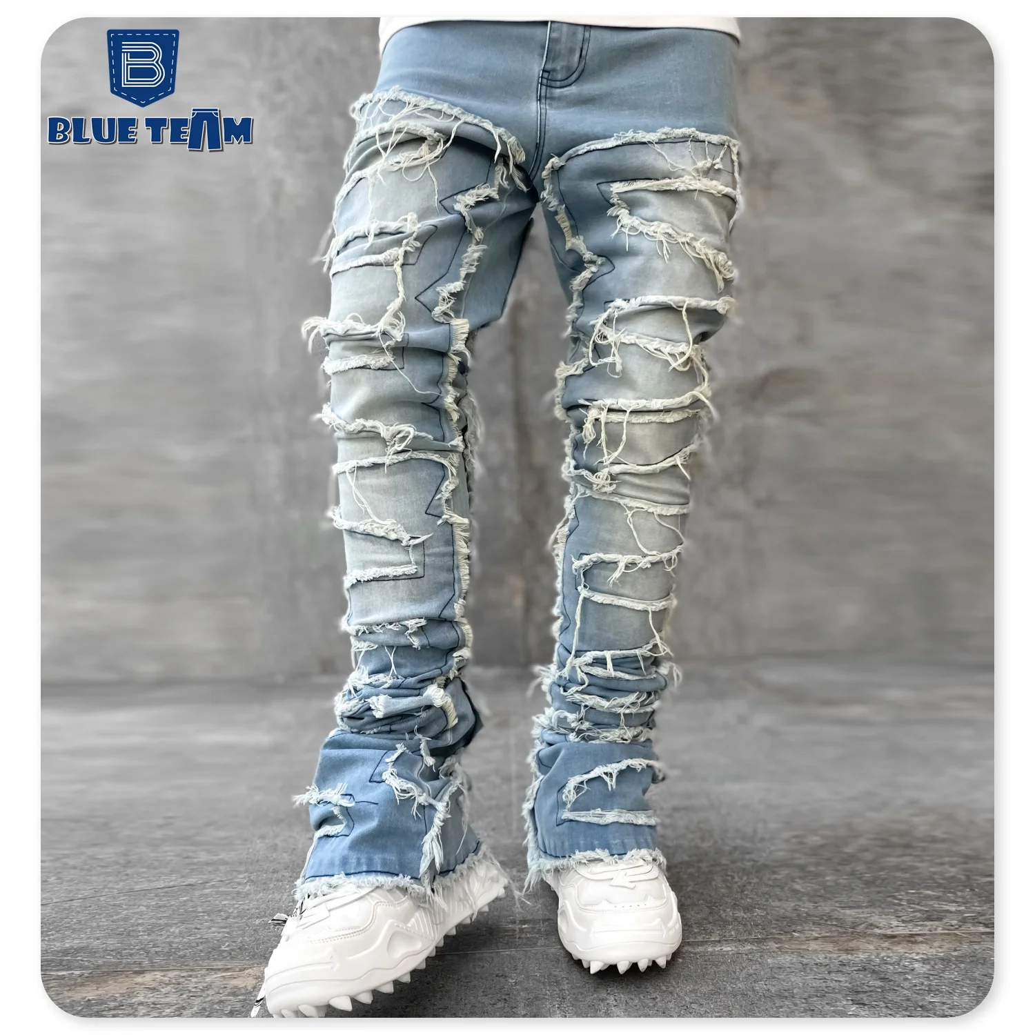 Blue Team | Custom denim factory jeans distressed stacked flare jeans men washed stack sweatpants denim for men