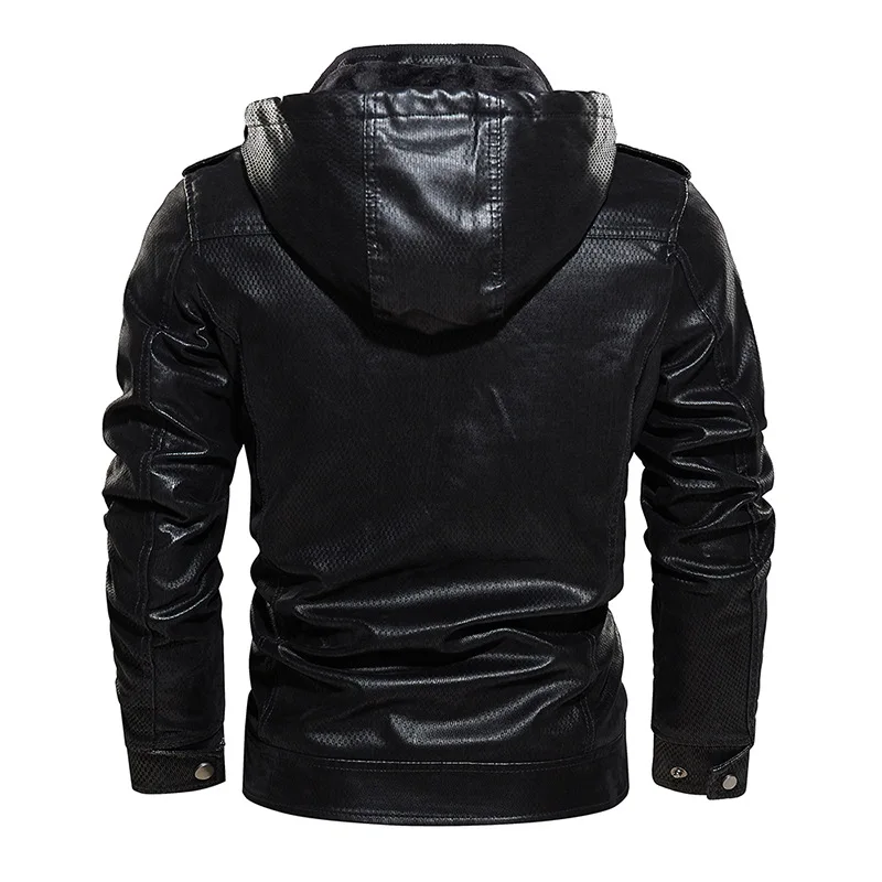 OEM Custom Service Wholesale Winter Stand Collar Hooded Brushed Men Outdoor Casual PU leather Biker Jacket