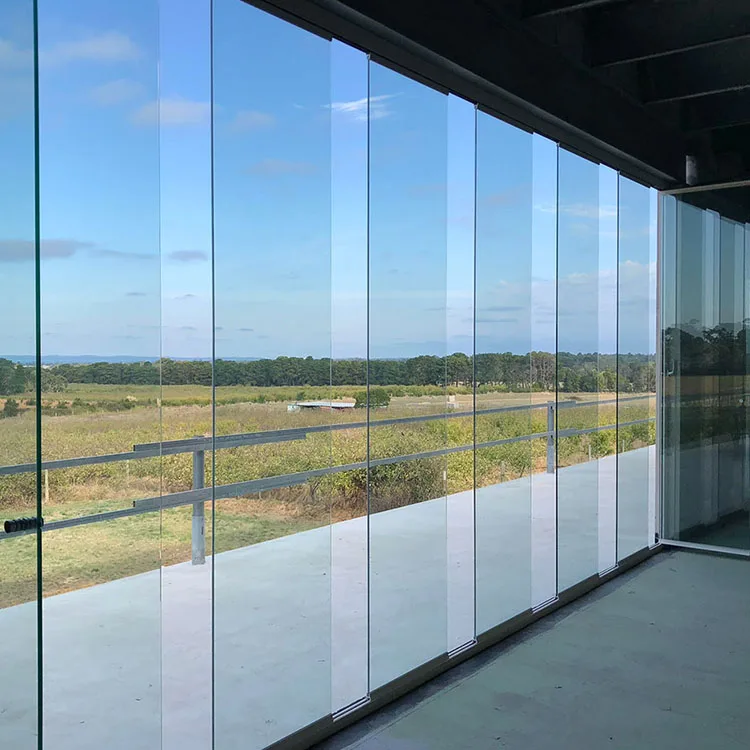 Interior Noiseless Aluminum Frameless Glass Stacking Sliding Door Exterior All Glass Multi Track Sliding Glass Wall System