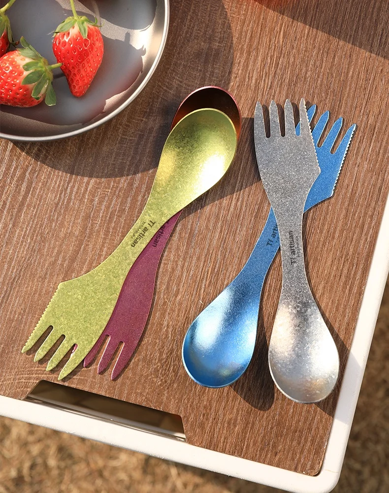 Camping Accessories 3 In 1 Camping Utensil Titanium Spork Knife Outdoor Picnic Tools Metal Spork with colorful ice flower