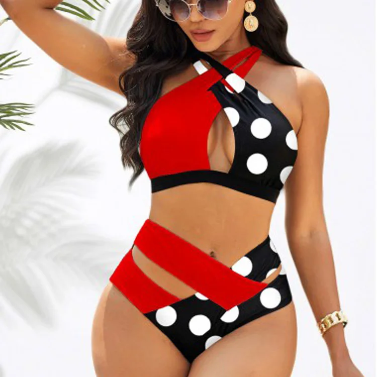 White Dots Patchwork Cross Ladies Sexy Swimsuit Extreme Micro Mini Bikinis Beachwear