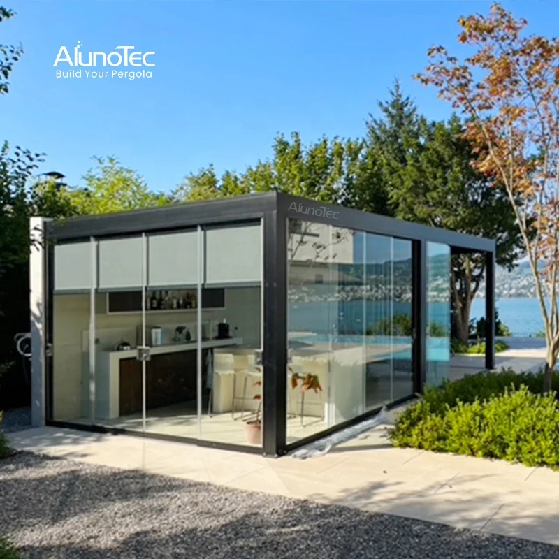 AlunoTec Motorized Garden Shed Bioclimatic Louvre Arches Roof Remote Control Outdoor Pergolas Outdoor Kitchen