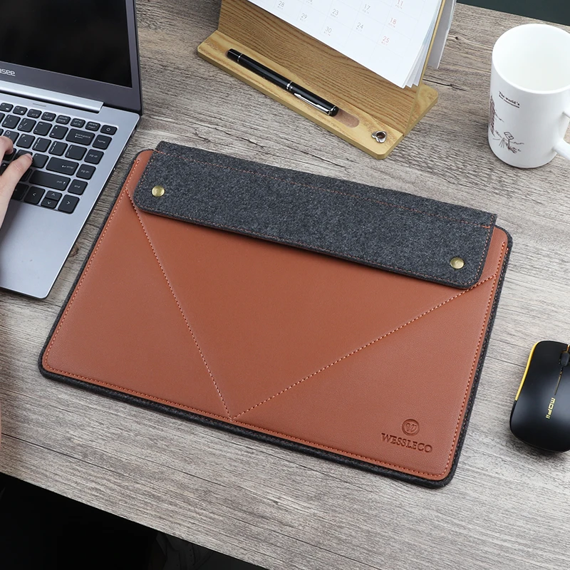 Wessleco Waterproof Notebook Blank Laptop Bag Case Sleeve Custom 13.3 14 inch PU Leather Felt Lining Laptop Sleeve Bag