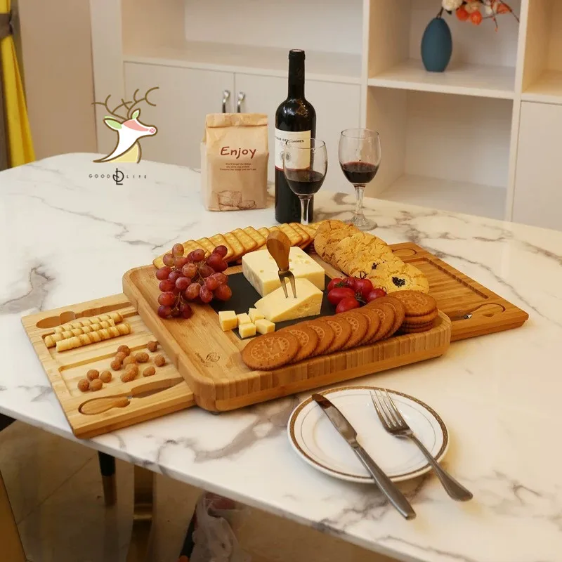 Бамбуковая доска для сыра с сырными инструментами тарелка мясным блюдом набором посуды и 4 режущих ножа из нержавеющей стали