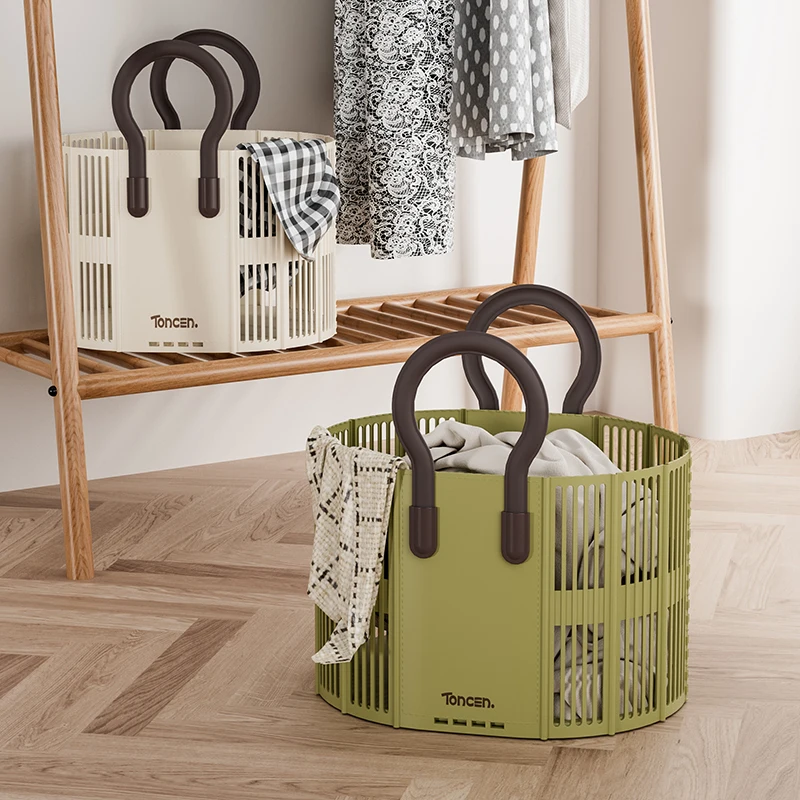 Rmier Light Weight Foldable Plastic Dirty Clothes Basket Round Large Capacity Laundry Basket With Handle