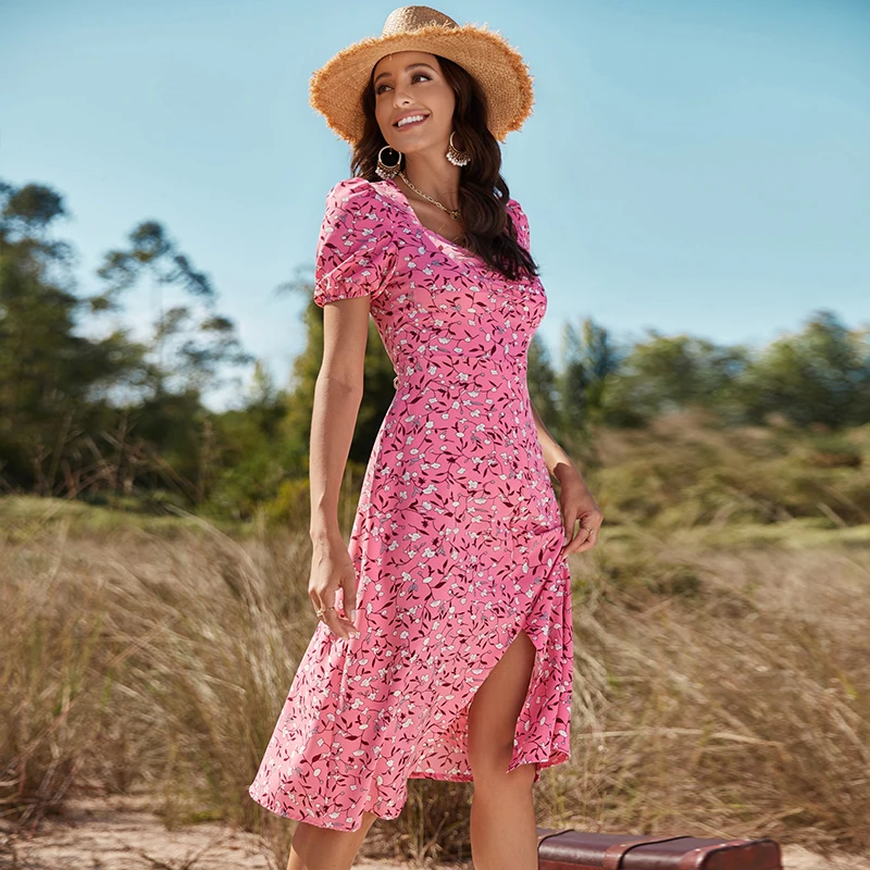 2022 fashion Floral print ladies midi dress short sleeve Korea style polyester Summer girl casual maxi dresses