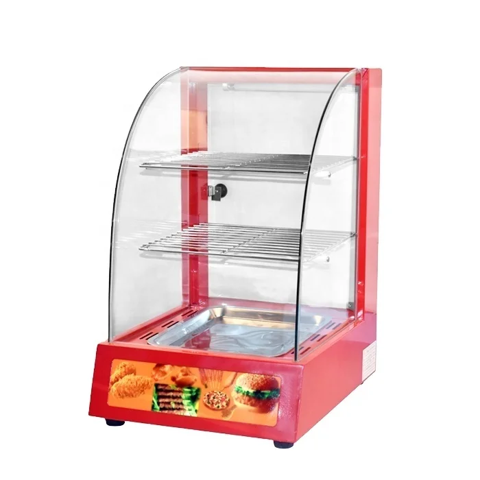 Red color small electric curved warming showcase glass window keep warm food warmer display bakery cake display