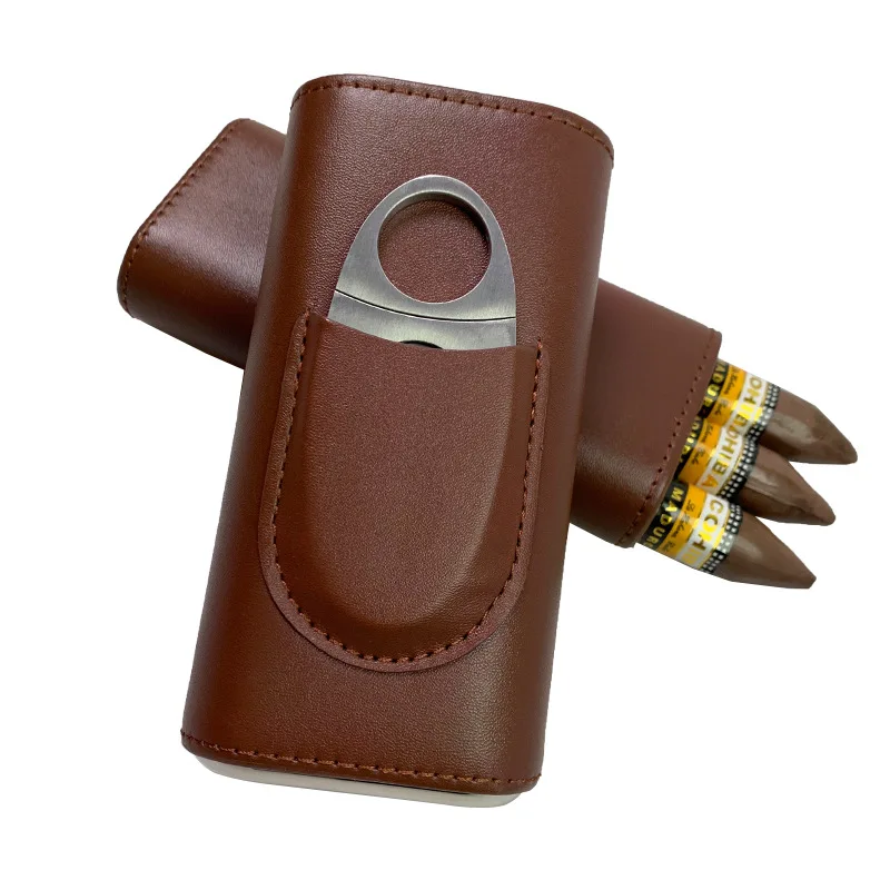 Custom Logo Cigar Boxes barrel Portable Pocket Cigar Travel Humidor Cabinet Luxury Leather Cigar Case with Cutter