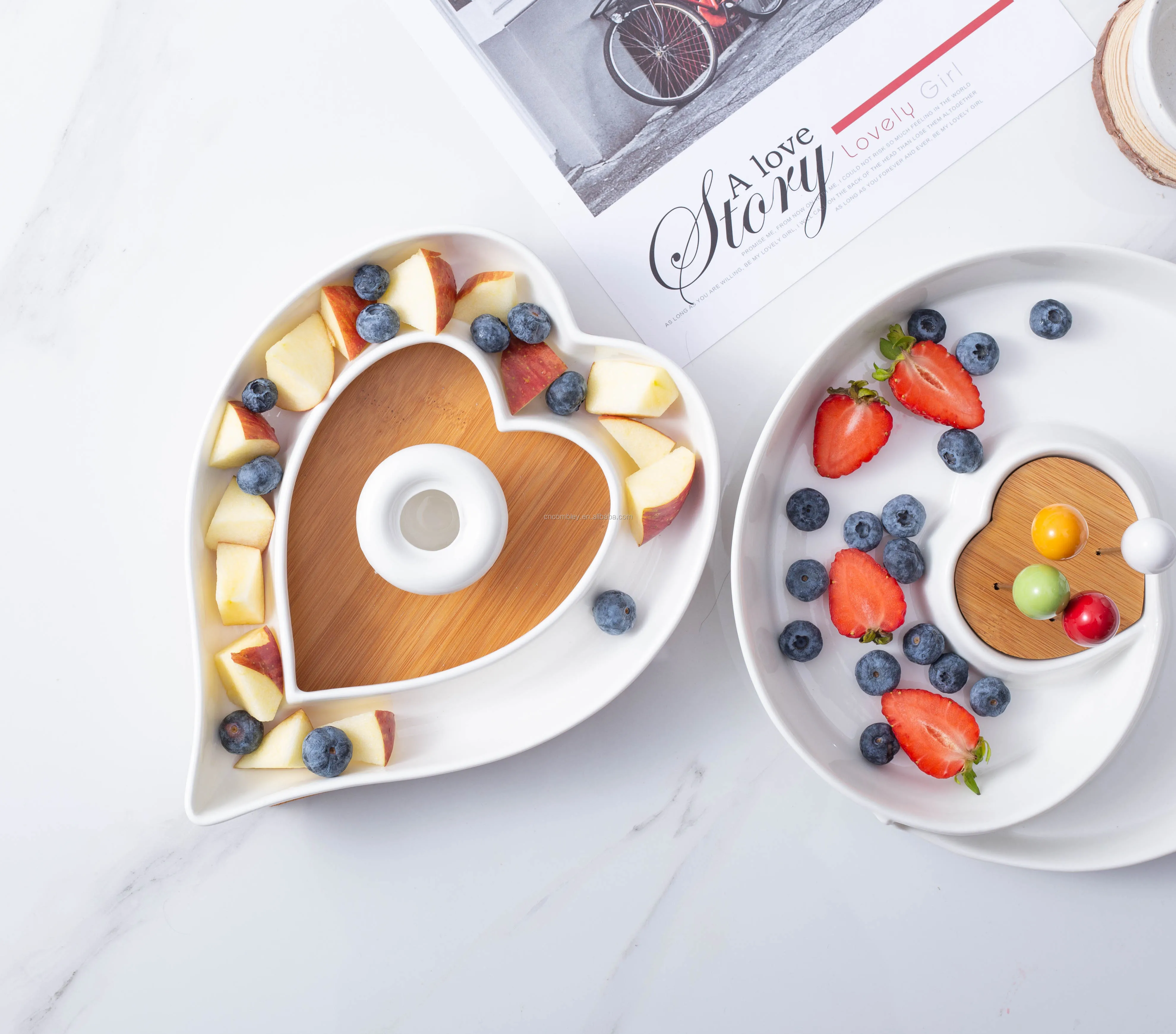 Eco-friendly tableware food grade porcelain snack bowls with bamboo handle and food picks ceramic dry nut fruit plate