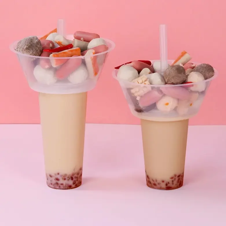 Factory  Popular Design Plastic Milk Tea Drinking Cups With Fruit Salad Snack Bowl Cup Plastic Injection Cup with Tray Holder