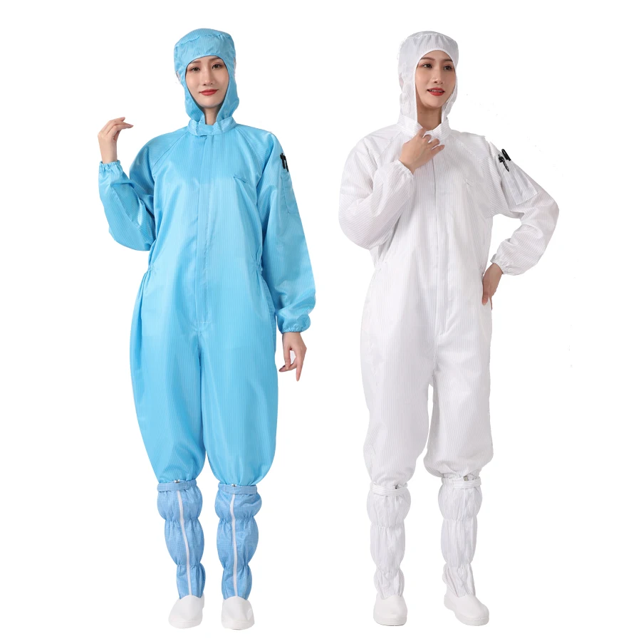 OEM White Dust Proof Reusable Antistatic Cleanroom Lab Pharmaceutical Workers ESD Jumpsuit Coverall Uniform With Hood