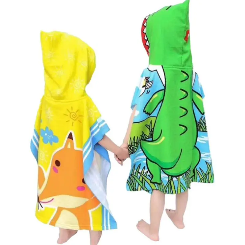 Hot Selling Cartoon Microfiber Kids Beach Poncho Children Hooded Beach Towel
