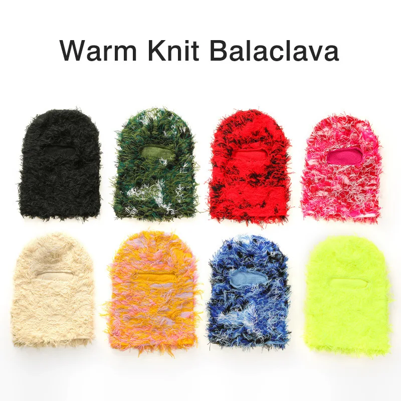 2023 Hot Sale Wholesale One Hole Knit Full Face Cover Ski Mask Custom Distressed Fuzzy Grassy Balaclava For Ski