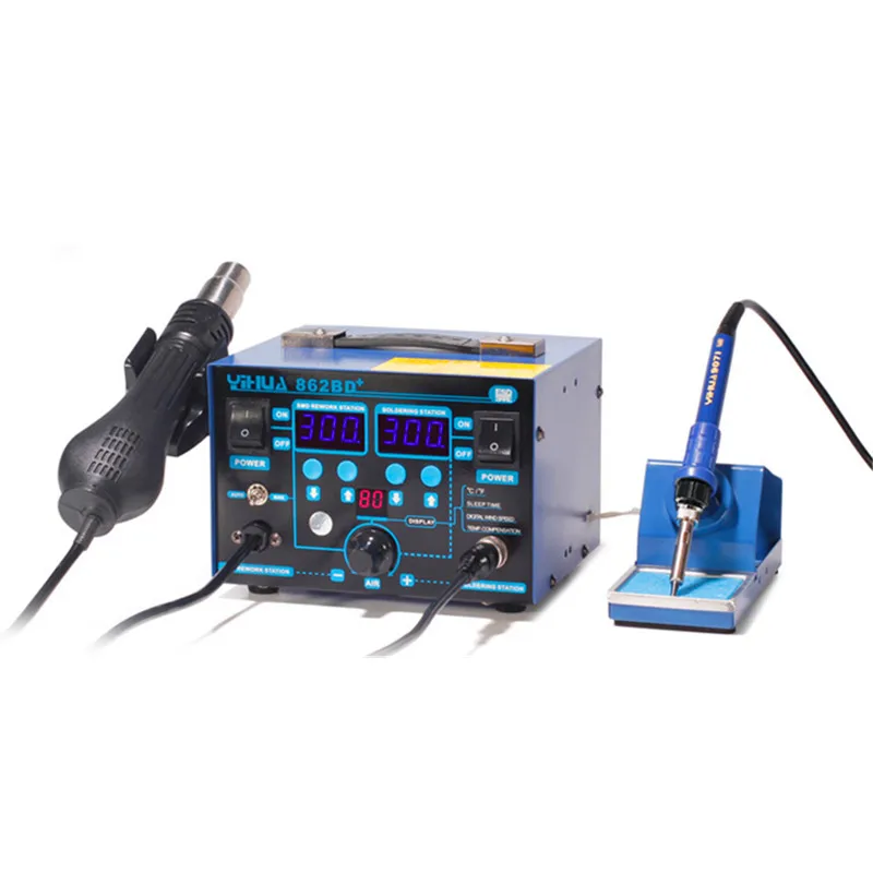 YIHUA YH-862D + Двойная цифровая паяльная станция горячего воздуха пистолет паяльник 2 в 1 с силиконовой резины провода