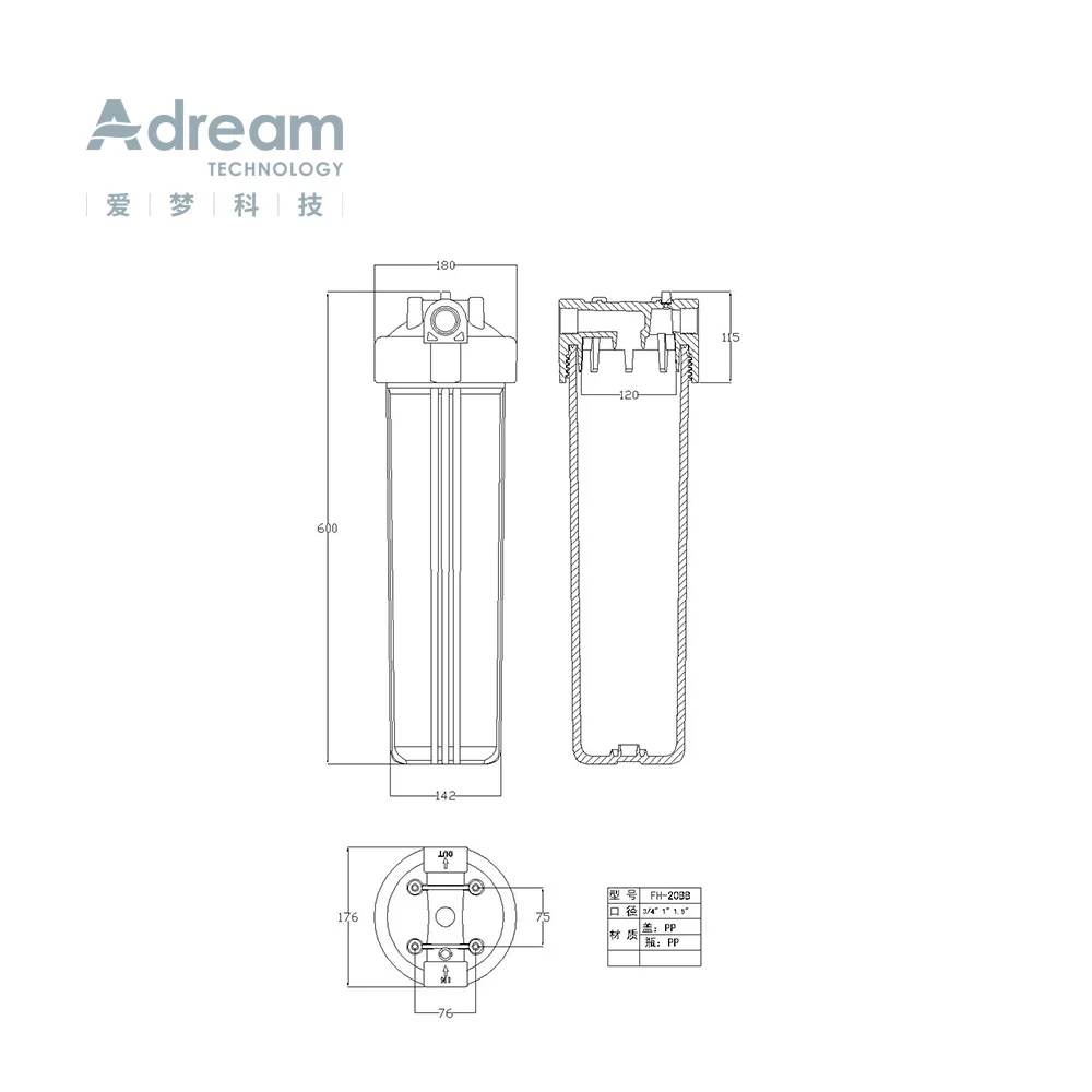 Transparent 20 Inch High Pressure Whole House Big Blue Plastic Clear Water Double O-ring Filter Housing