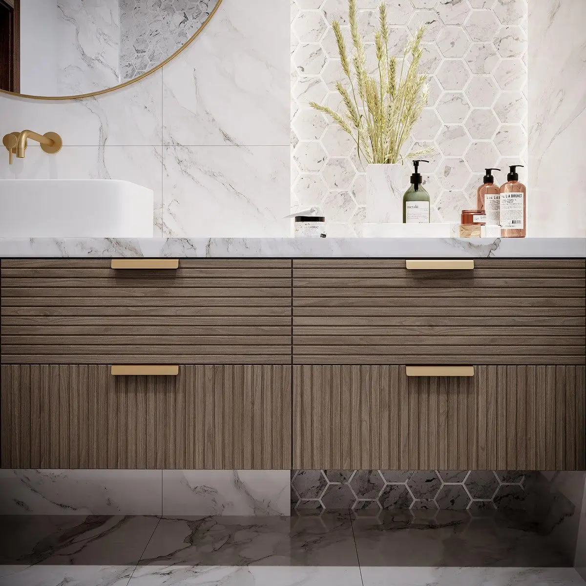 CBMmart Custom Luxury Fluted Design Quartz Counter Top Double Sink Bathroom Cabinet Vanities With Smart Mirror