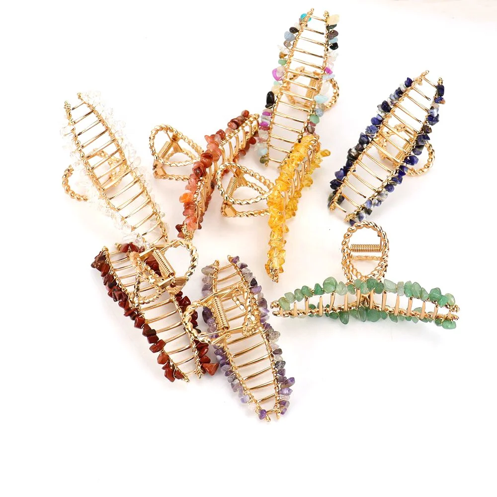 New Arrived Fashion Shark Clip Women Hair Accessories Vintage Geometric Gold Metal Hair Claw Wire Wrapped Chip Crystal Hair Clip