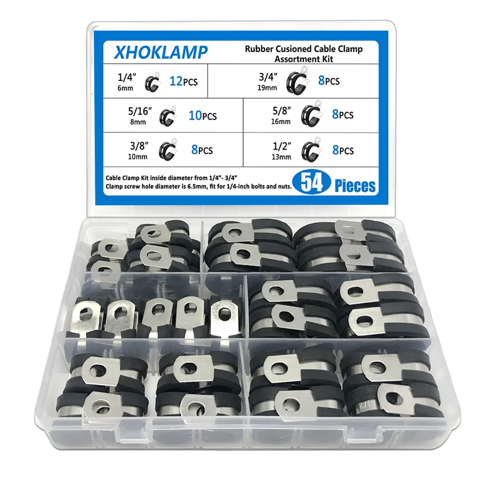
XHOKLAMP 54pcs Cable Clamps Assortment Kit, 304 Stainless Steel Rubber Cushion Pipe Clamps in 6 Sizes 