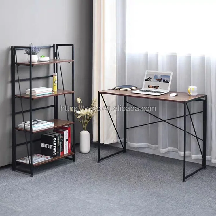 Compact Metal Folding Home Office Desk with Wooden Table Top