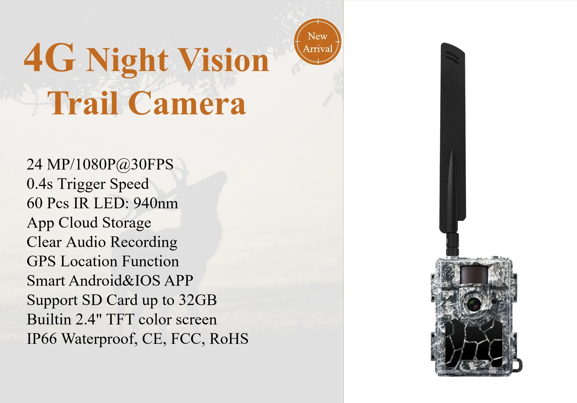 24MP 4G LTE  Wild Game Trail Hunting Camera Photo Traps with 60pcs No Glow IR LEDs GPS APP Setting for Home Garden Security