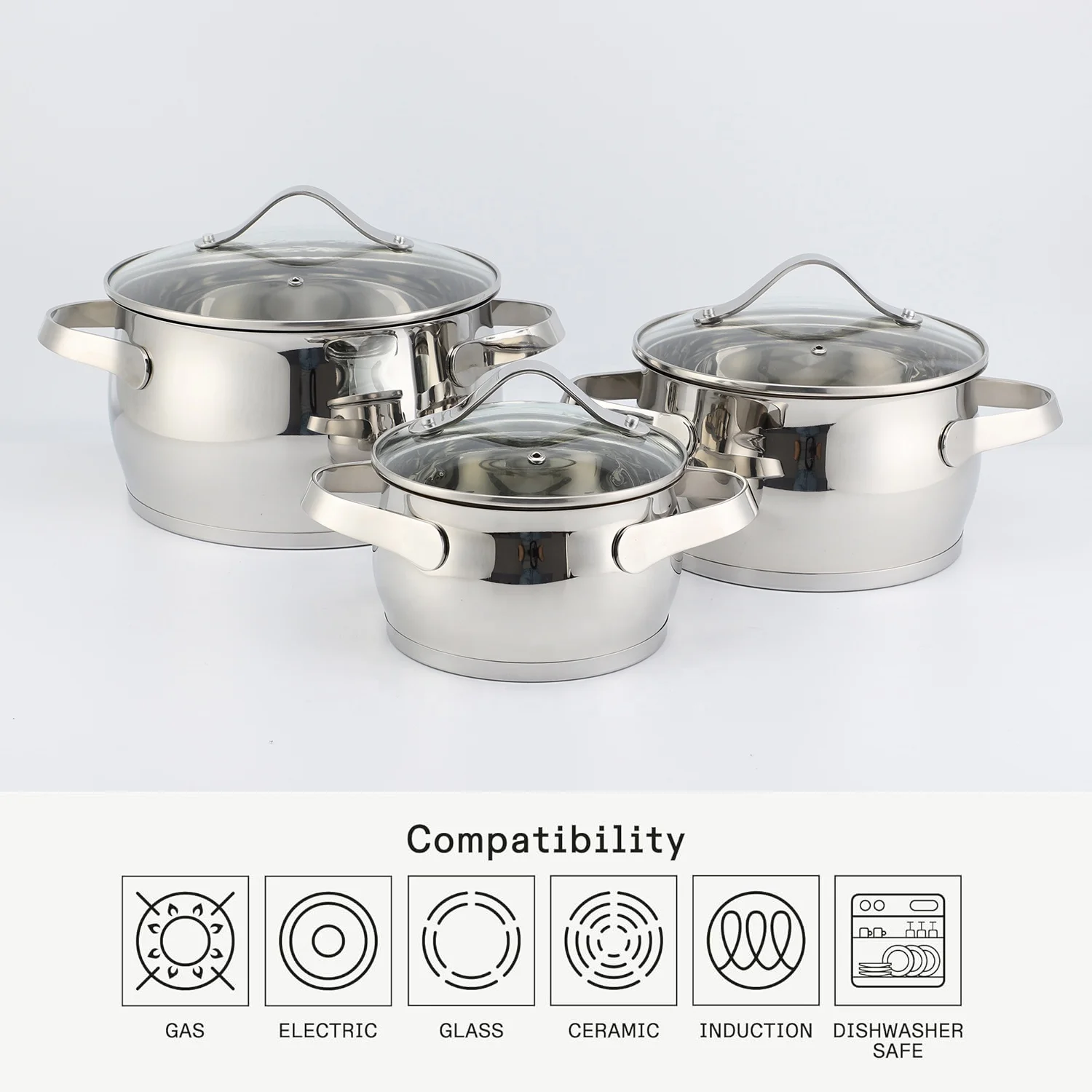 Factory 6Pcs Kitchen Cookware Set Stainless Steel Double Handle Belly Shape Soup Cooking Pot Casserole Set with capsuled bottom