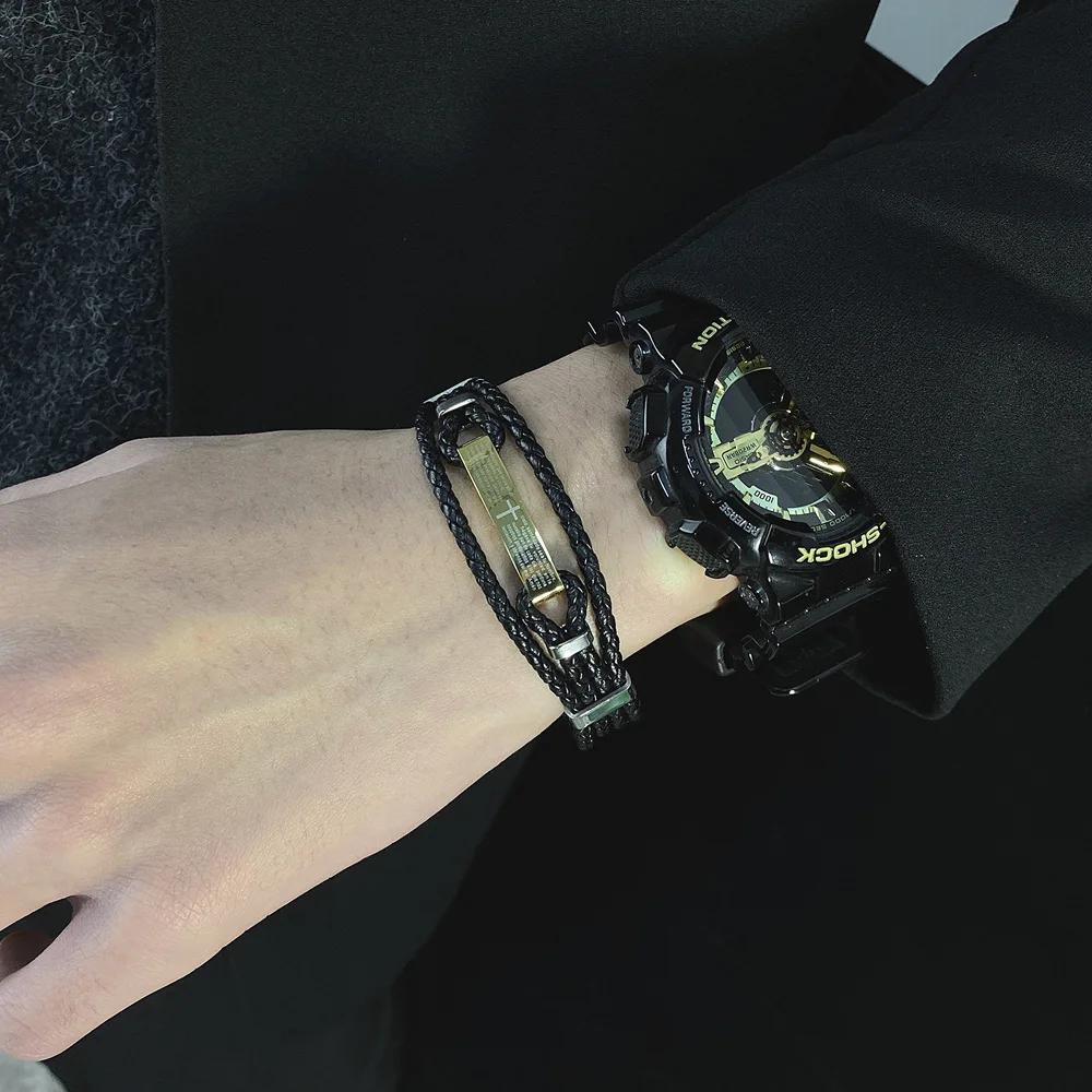 
Punk Rock Style Black Leather High Polished Stainless Clasp Male Bracelet Multi Layers Christian Cross Braided Bracelet For Men 