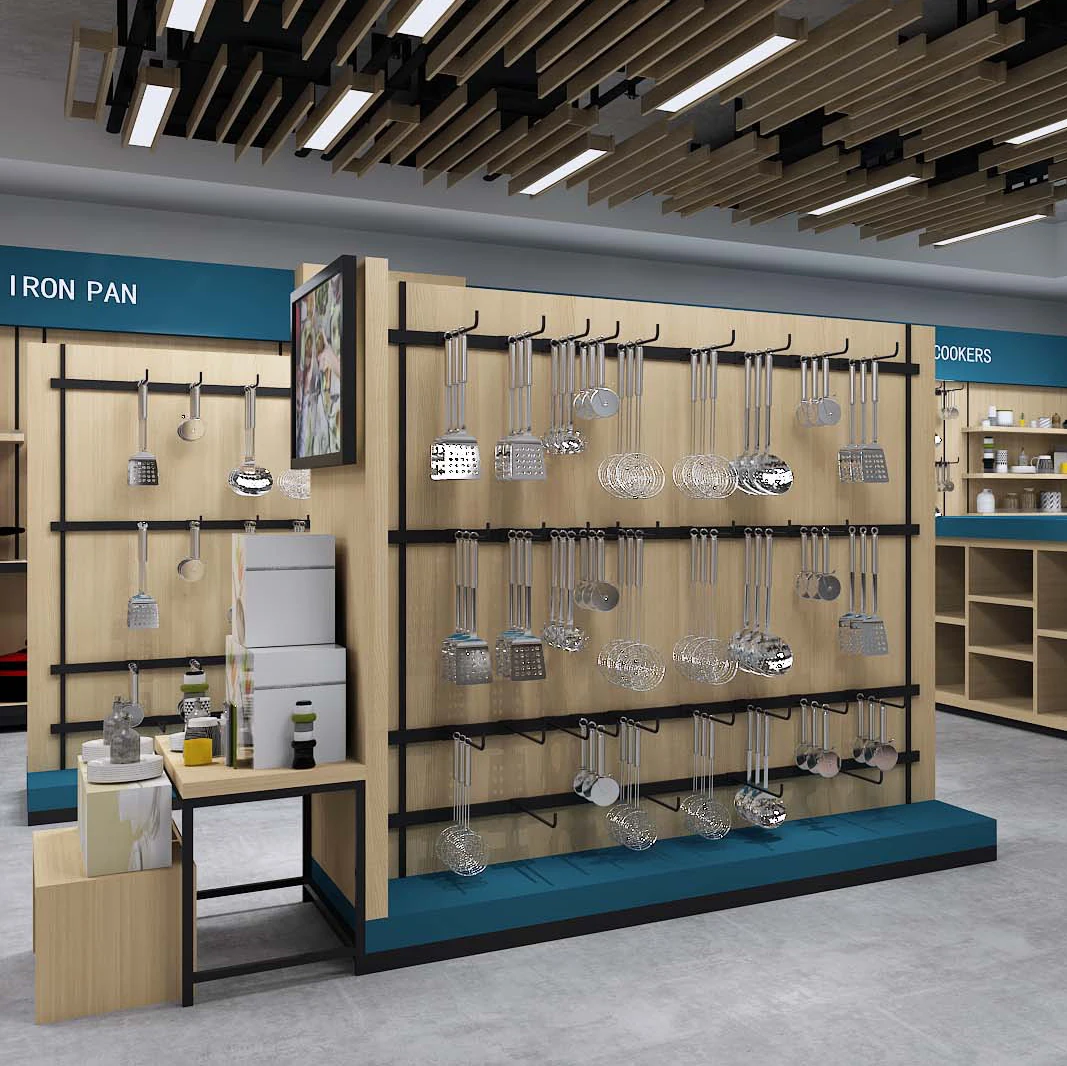 Пользовательский торговый центр магазин кухонной посуды товары дисплей полка дизайн магазина фурнитура для розничного витрина Рика