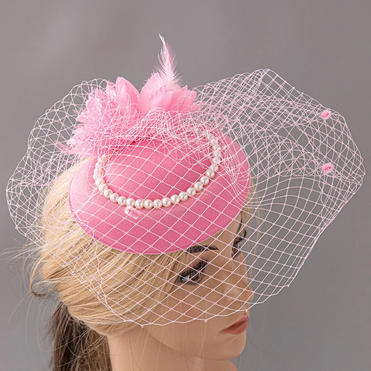 European bridal gauze feather headpiece hair clip Vintage veil pearl top hat