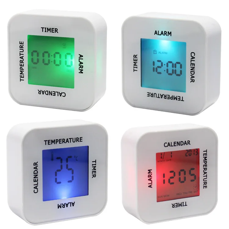Custom Pattern Promotion Mini Gift Digital 4 Side Timer Calendar Temperature Display Table LCD Alarm Clock