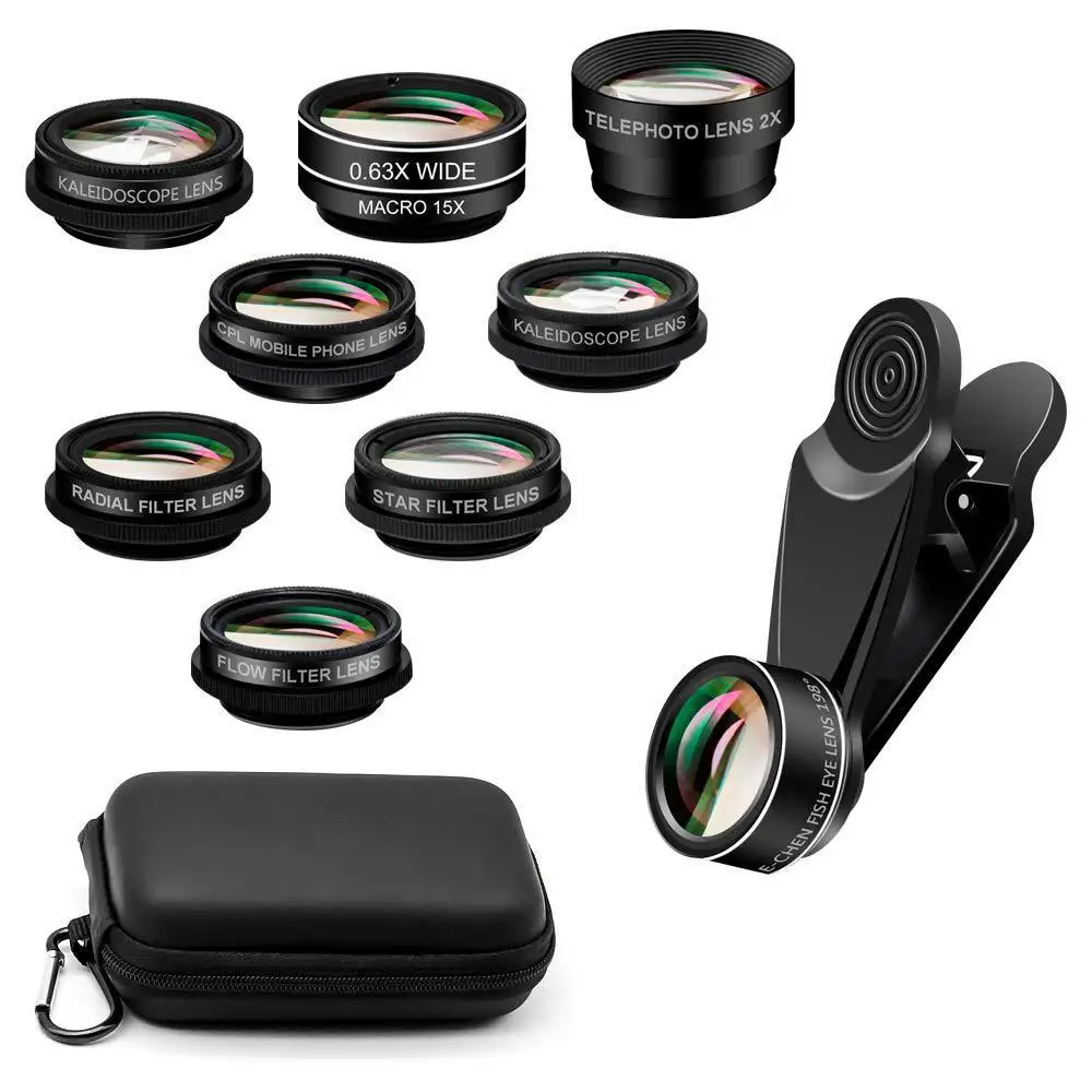 10 in 1 Super Wide Angle+ Macro+Fisheye Lens+ CPL+3/6+Starburst/Radial/Soft/Flow Filter Universal Clip On Phone Camera Lens Kit