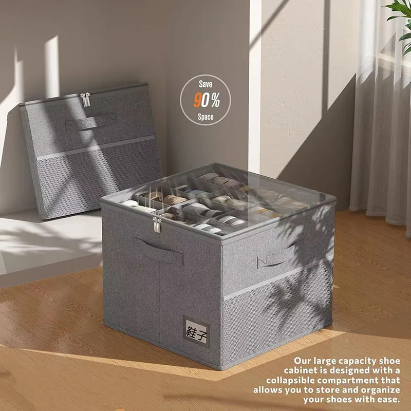Promotional Home Folding Shoe Storage Box Large Capacity Fabric Material Shoe Organizer Box With Clear Cover For Shoe Storage
