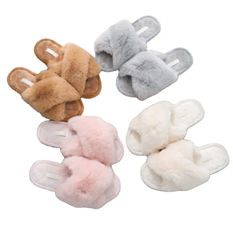 Soft Sole Women Home Indoor Shoes Plush Faux Fur Slippers Open Toe Sandals Lady Indoor Slippers