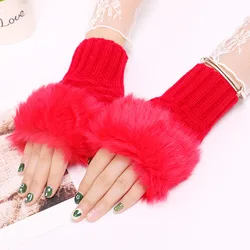 Women Fingerless Wrist Gloves Cute Faux Rabbit Fur Knitted Gloves Winter Thick Warm Knitted Warmer Driving Outdoor Mitten
