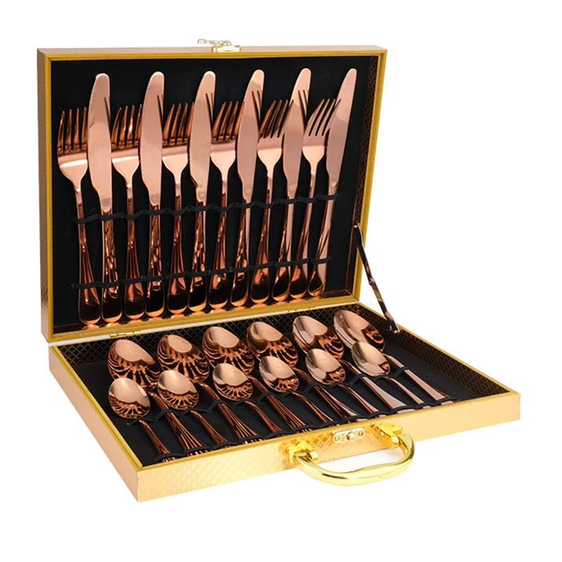China new arrival customized logo knife spoon fork 24pcs gold flatware stainless steel luxury cutlery set