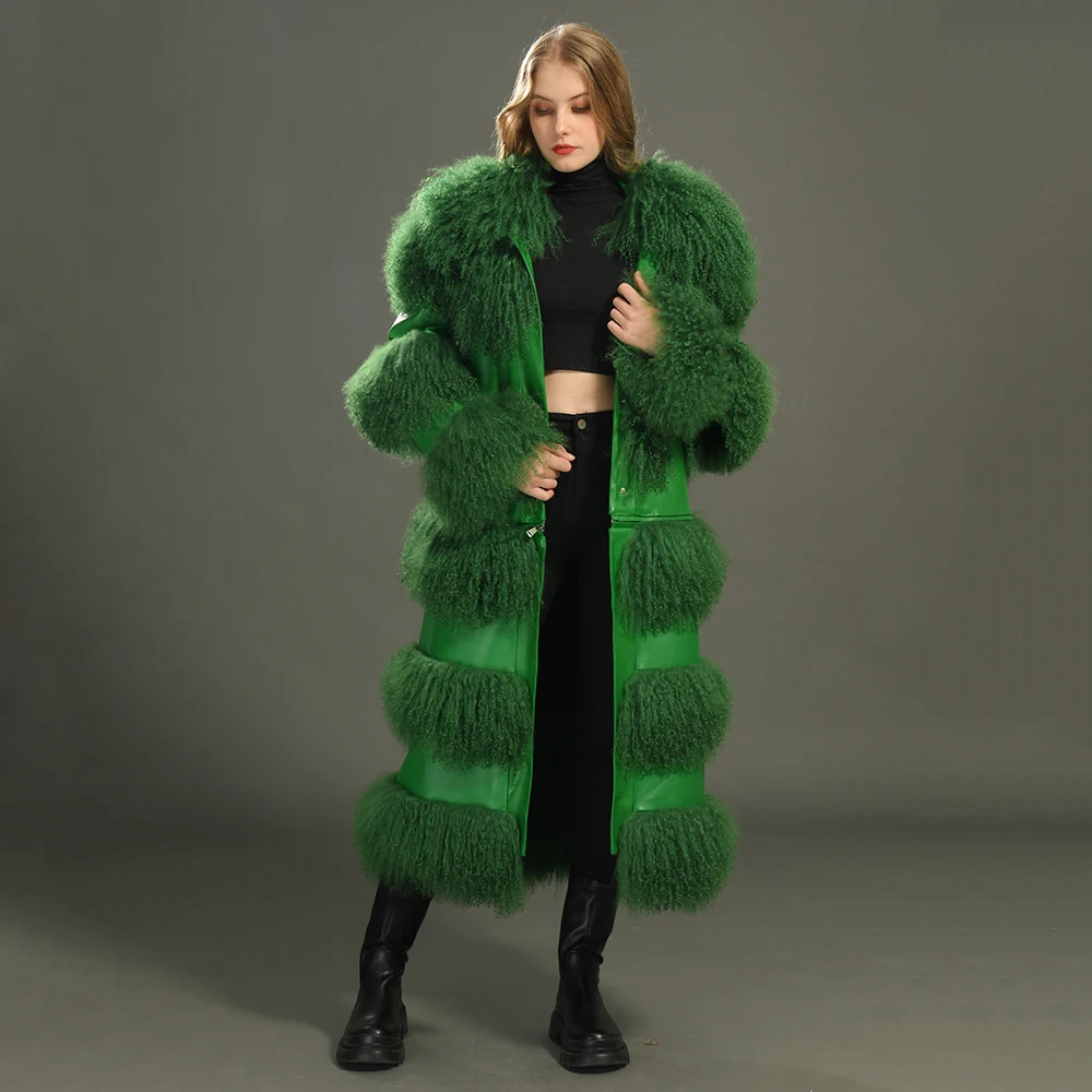 Wholesale Custom Genuine Sheep Real Lamb Fur Coat Detachable Hem Luxury Women Winter Real Leather Mongolian Lamb Fur Coat Long