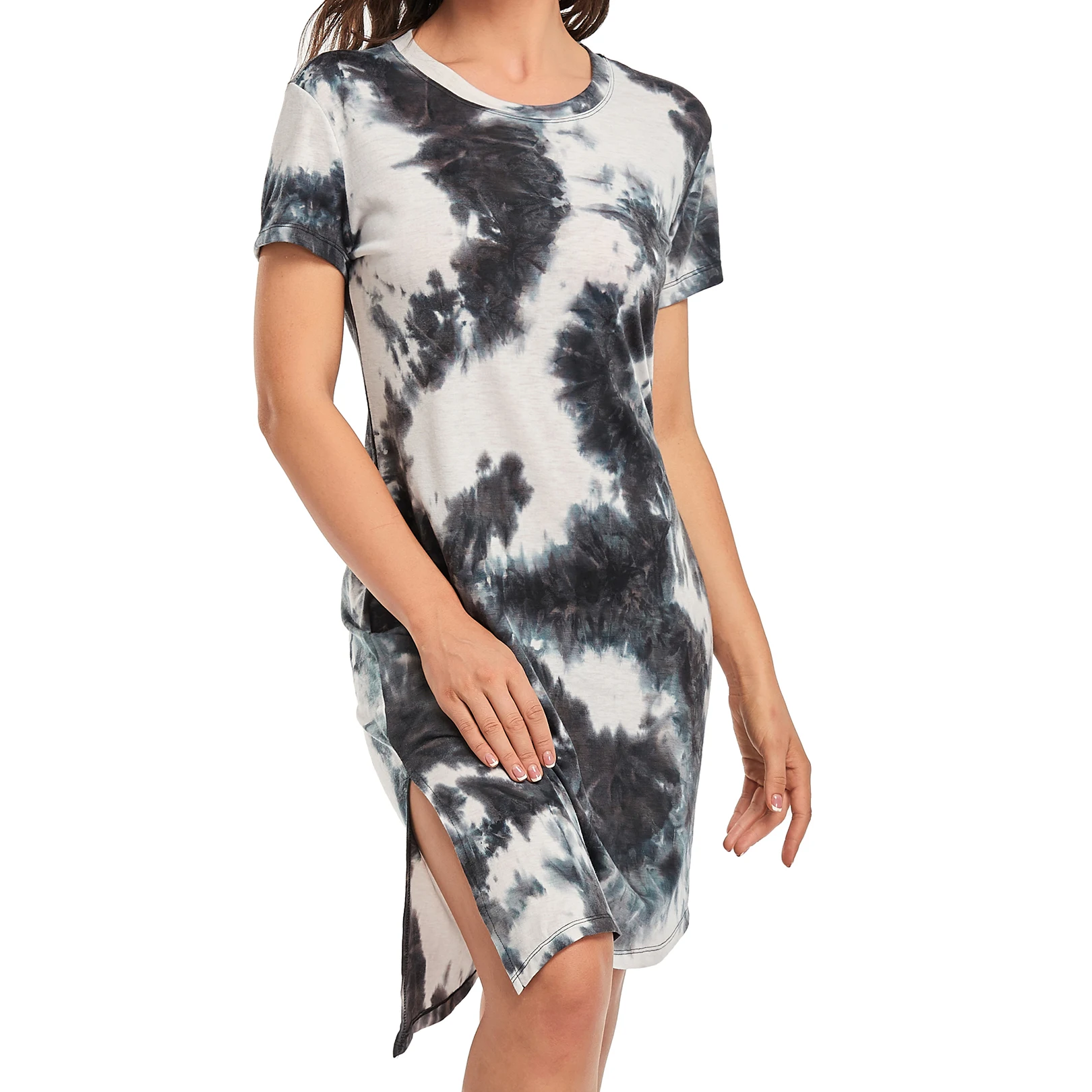 Factory Wholesale Asymmetric Hem Shorts Sleeve Tie Dye Midi Dress Casual Dresses Women Summer OEM Designs Print Knitted 7 Days