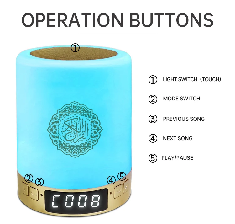 Hanmoss Factory Price Led Display Touch Lamp Quran Player Speaker For Muslim Learn Quran With Azan Clock