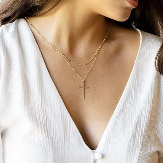 fashion cross layered necklace jewelry stainless steel gold plated cross pendant christian necklace women