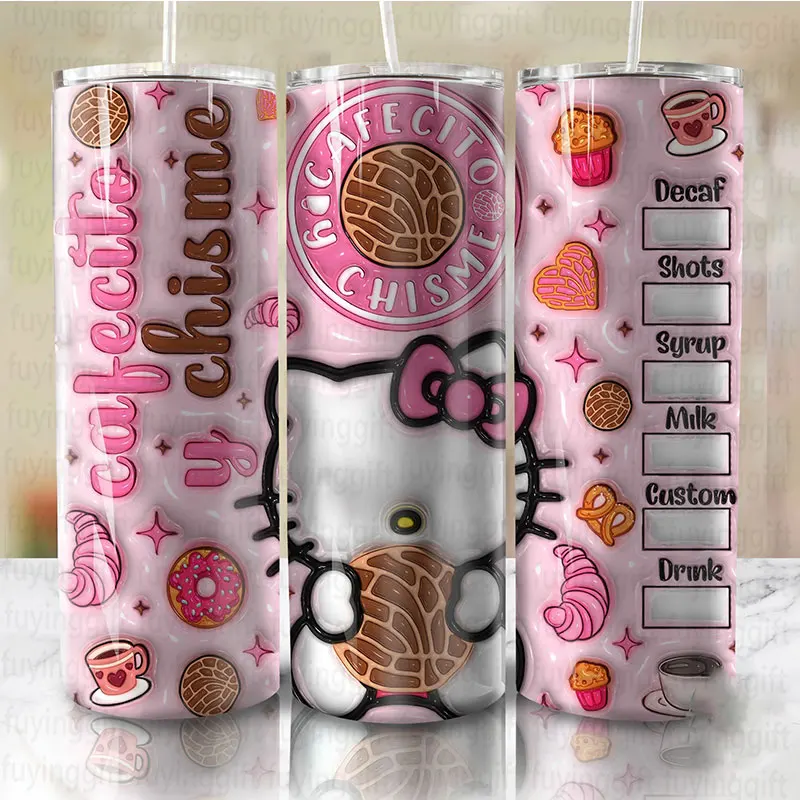 New Wholesale 3D Inflated Puff Cafecito Y Chisme Kitty 20oz Skinny Tumbler Christmas Cat Cup Mexican Conchas Xmas Gifts Mugs