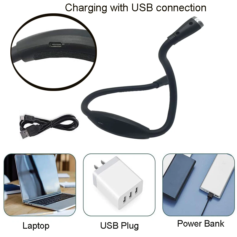 VCAN U-shaped Adjustable Portable Hands Free Soft Rubber Rechargeable Neck LED Light Book for Reading in