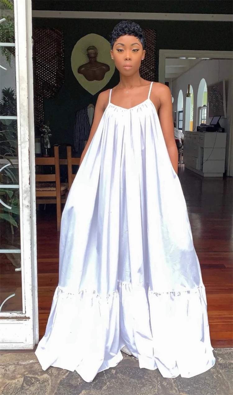 Hot selling European and American sexy strap sleeveless plus size solid color long sundresses