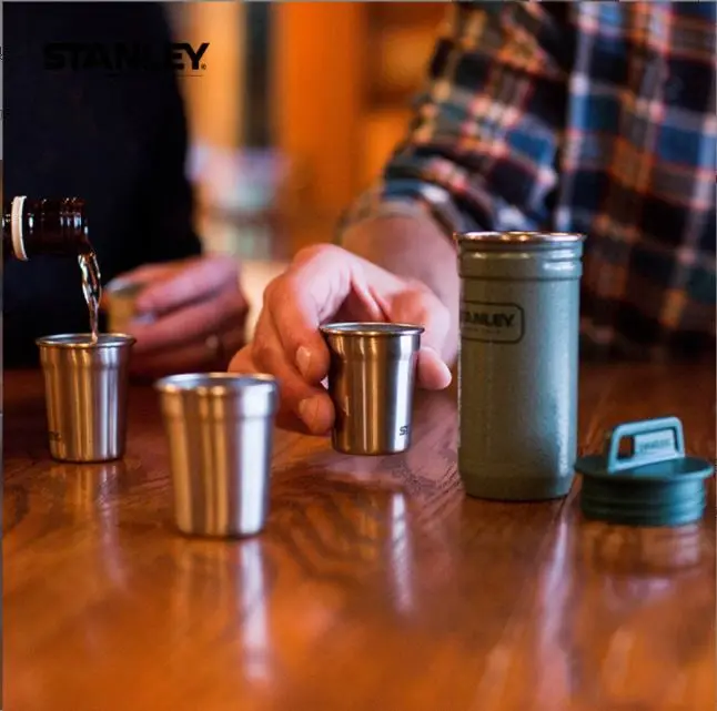 Stainless Steel Shot Glass And Flask Gift Set Outdoor Adventure Pack With 4 Metal Shot Glasses