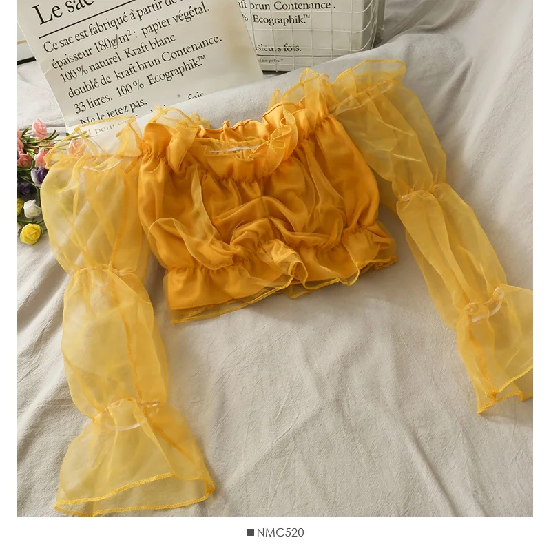 Ruffled Off Shoulder Organza Short Blouses Trendy Spring Summer Sexy Solid Color Long Puff Sleeves Slim Cropped Tops T11415P